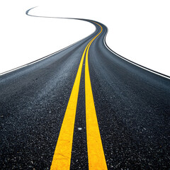 A black asphalt road with double yellow lines curving into the distance against a black background