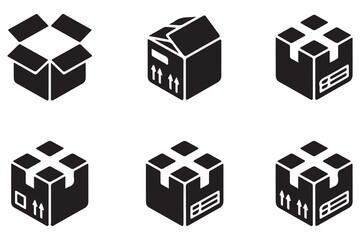 Package box flat icon vector set. Containing open cardboard, fast delivery box, container, parcel protection, storage, good packing. Vector Black silhouettes. with white background