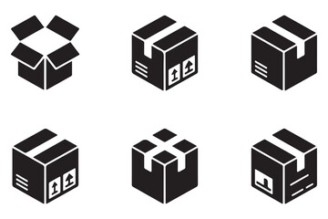 Package box flat icon vector set. Containing open cardboard, fast delivery box, container, parcel protection, storage, good packing. Vector Black silhouettes. with white background