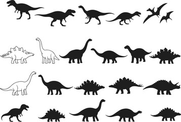 Silhouette dinosaur collection with theropods, sauropods, stegosaurs, pterosaurs, prehistoric animals, educational illustration, natural history, outline progression concept art