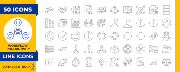 
Workflow & Productivity Line Editable Icon Set.Contains icons related to collaboration, teamwork, task management, focus, creativity, automation, iteration. Editable stroke. Vector illustration