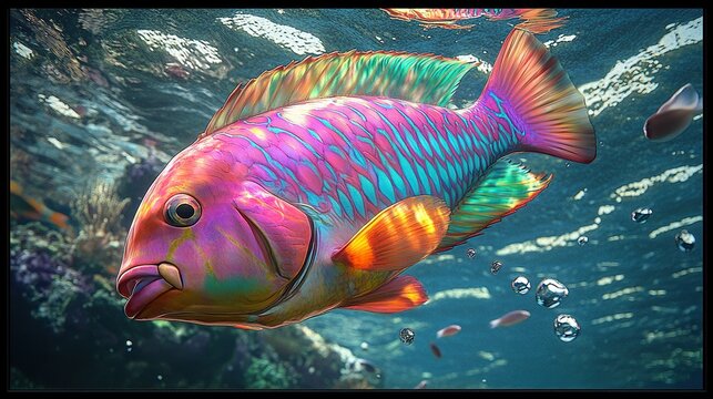 9. A vibrant parrotfish swims just beneath the surface, scales flashing pink, teal, 