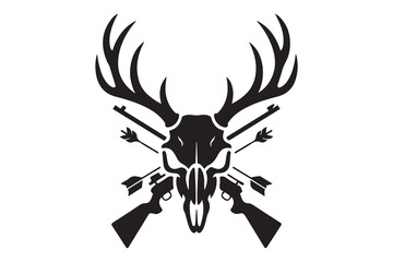 Skull Dear Head with Sniper Gun and Arrow Cross for Hunting Symbol Logo Vector. Vector Black silhouettes. with white background