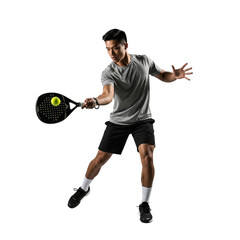 Athletic man playing tennis with racquet and ball isolated on transparent background