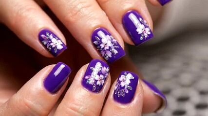 Purple floral nail art design tutorial.