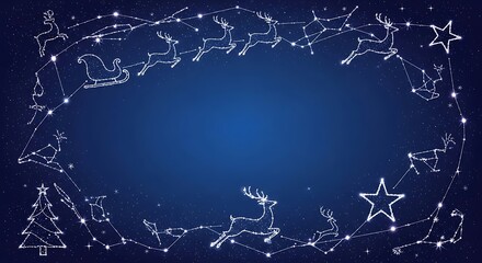 Festive christmas lights and ornaments forming a decorative border on a deep blue background