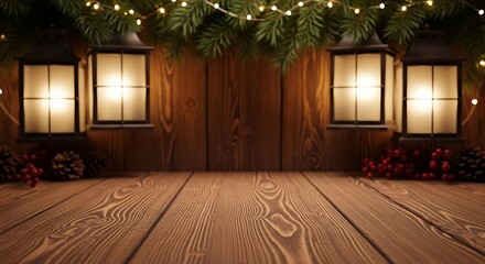 Cozy wooden table with lanterns and christmas lights for holiday display