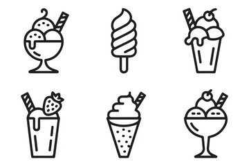 Ice cream icons vector set in line and flat style. Ice cream sundae in a glass, frozen yogurt, vanilla, chocolate, strawberry. Vector Black silhouettes. with white background