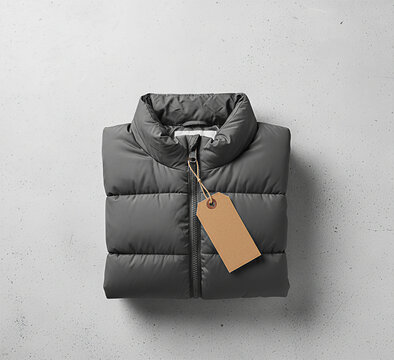 Modern padded gilet with blank branding tags. Top-down flat lay of a folded sleeveless jacket for an activewear collection mockup.