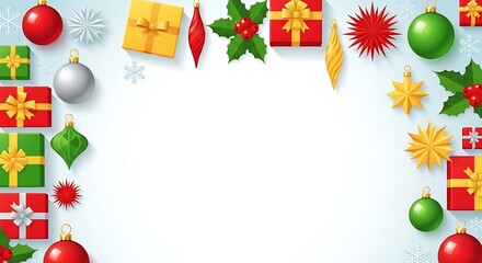 Festive christmas border with gifts ornaments and holly on white background