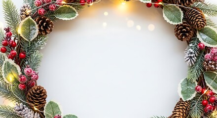 Festive christmas wreath with pinecones berries and twinkling lights on white background