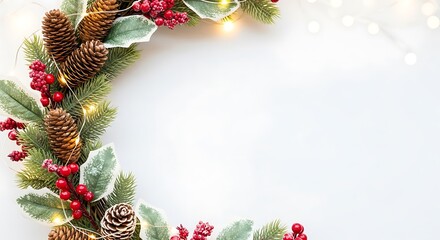 Festive christmas garland with pinecones berries and lights on a white background for holiday decoration