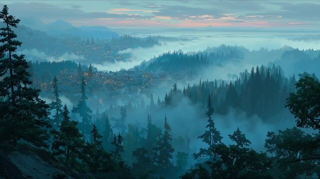 A spectacular and beautiful fog in the early morning over a low mountain forested area and a village in this forest, glowing in the distance with small pale lights