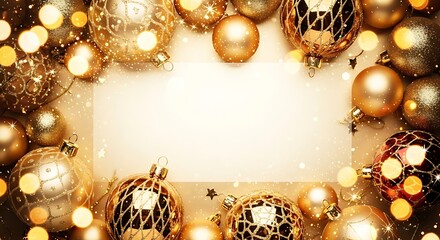 Elegant golden christmas ornaments and bokeh lights frame a blank space for text