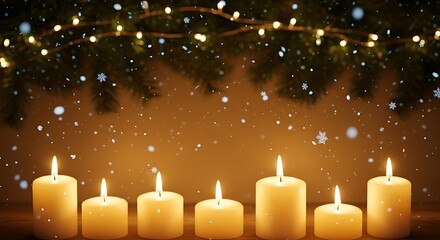 Warm glowing candles and festive christmas lights create a cozy and magical winter holiday atmosphere