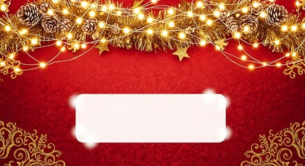 Festive christmas garland with golden ornaments and twinkling lights on a vibrant red background with a blank space for text