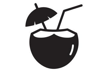Coconut drink icon vector. Drinking fresh coconut on the beach sign and symbol in line and flat style. Vector Black silhouettes. with white background