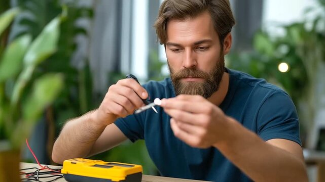 Man repairing an outlet with a multimeter toolbox open his focus sharp in a cozy home setting electrical repair multimeter testing outlet maintenance skilled electrician - Powered by Adobe