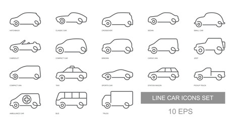 Vector illustration of line car icons set with various vehicle types including sedan, hatchback, truck, bus, taxi and ambulance. Minimal outline design for transport and automotive themes