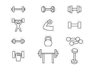 Line Art Weightlifting & Gym Equipment Icons - Dumbbells, Kettlebells, Barbell Outline