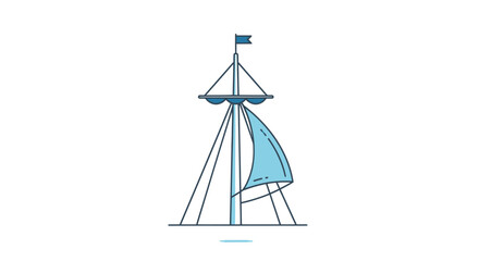 Stylized illustration of a ships mast with a blue sail and flag.