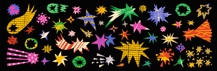 Abstract set of cut paper stars and irregular starburst shapes for creative collage.