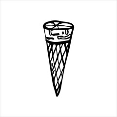 Hand-drawn linear doodle of ice cream in a waffle cone. Minimalist outline illustration of frozen dessert 