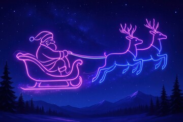 Neon glowing outline of Santa Claus in sleigh with reindeer flying across starry polar night sky above snowy landscape with mountains and pine trees.
