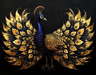 Fototapeta premium Majestic Peacock Displaying Golden Plumage Against a Dark Backdrop.