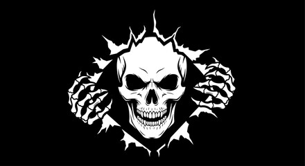 Menacing skull emerging through ripped black background grasping hands vector