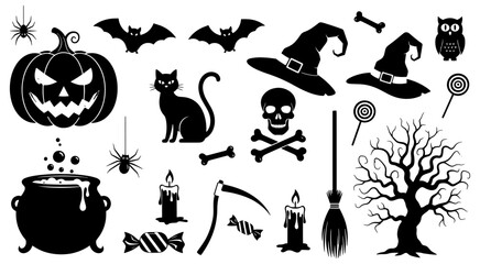 Halloween silhouette icons collection spooky objects haunted night elements for spooky season celebrations vector