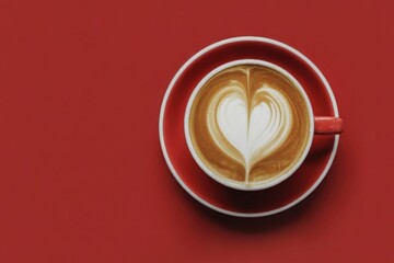 Coffee Heart: A delightful cup of coffee art, showcasing a heart-shaped design atop a rich, creamy latte, rests on a vibrant red saucer and backdrop. The image conveys warmth, affection.