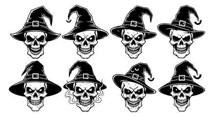 Spooky skull collection halloween witch hats scary faces black and white graphic elements vector