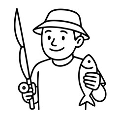 Fototapeta premium outline icon happy fisherman with a fishing rod vector on a white background Vector line icon of joy and sadness emotions on a white background