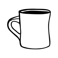 Hand-drawn linear doodle of a simple coffee cup filled with coffee. Minimalist outline illustration perfect for cafe menus, morning coffee themes, and black and white beverage graphics.