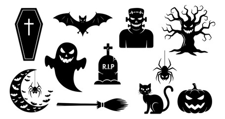 Spooky halloween icons set silhouette graphic elements for holiday celebration designs vector