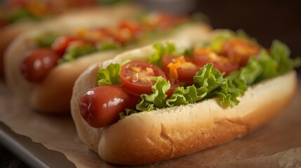 Delicious close-up shot of a row of hot dogs with fresh toppings on a rustic wooden surface, perfect for food blogs and culinary content