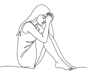 Woman sitting in distress with head in hands artistic line drawing vector
