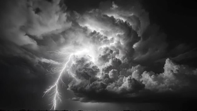 Dark clouds dominate the evening sky with a dramatic lightning strike illuminating the horizon over thu afad