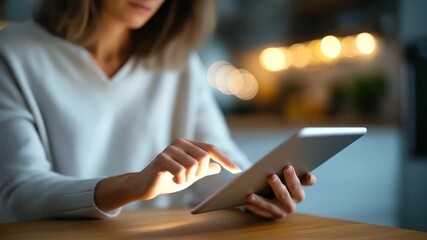 Woman tweaking a smart thermostat on a tablet her finger tapping the screen cozy kitchen bathed in soft light smart thermostat control home automation digital interface