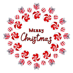 Illustration of a Christmas or new year wreath frame made of with candies lollipops box gift on a white background