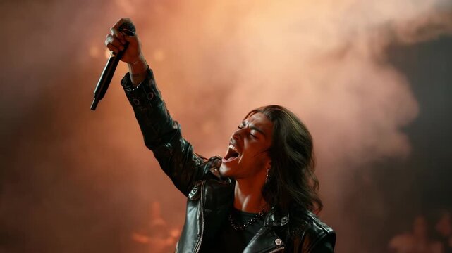 Male rock singer in leather jacket singing with emotion, cinematic photo style, on smoky stage background, concept of live music performance
