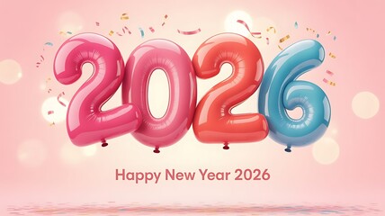 Colorful 2026 balloons with confetti for a happy new year celebration