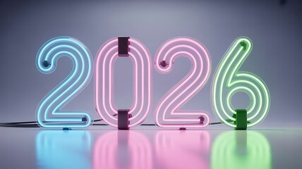 Neon 2026 sign with blue, pink, and green lights on a gray surface