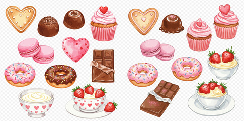 A delightful assortment of Valentine's Day treats, including cookies, chocolates, cupcakes, macarons, donuts, chocolate bars, and strawberry desserts.