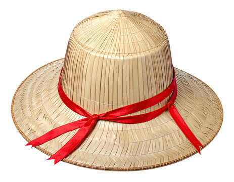 Asian conical hat made of woven straw with a wide brim and red ribbon tie