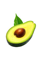 A fresh, halved avocado, featuring a prominent seed and a single, vibrant green leaf