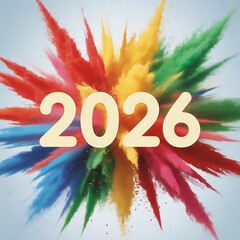 The year 2026 is displayed with colorful powder explosion in the background