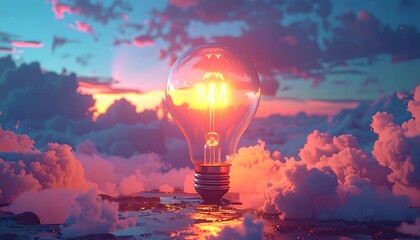 Illuminated light bulb amidst a vibrant sunset in dreamy sky