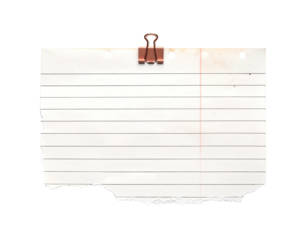 Lined paper with torn edge held by a binder clip, isolated on black